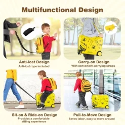 Costway 2PC Kids Ride-on Luggage Set 18'' Carry-on Suitcase & 12'' Backpack Anti-Loss Rope Yellow -All Pack Shop GUEST 0938b701 2f3f 418c b73d c34cb786bd39