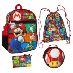 Super Mario Backpack With Detachable Mushroom Lunch Tote 16 Inch 5 Piece Set Multicoloured