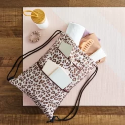 Zodaca 2 Pack Cinch Sack Drawstring Backpack For Beach Trips, Water Resistant Gym Bag With Front Zipper Pockets For Yoga, 13 X 17 Inch, Animal Print